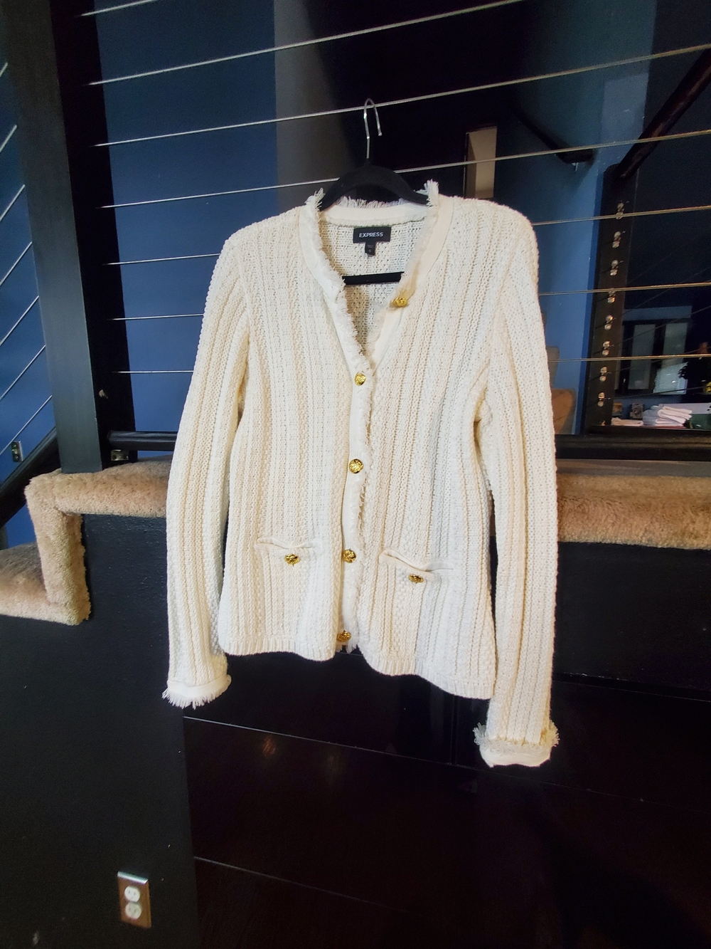 Express Cream Fringe-Trim Gold-Button Knit Cardigan - Picture 2 of 8